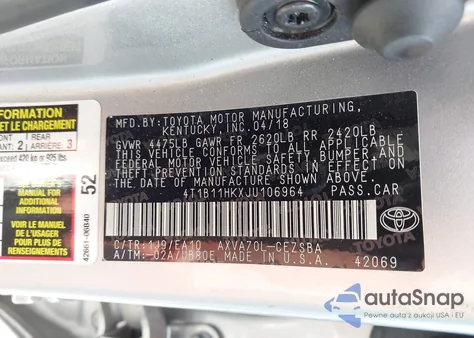 2018 Toyota Camry Se from USA, damaged, VIN 4T1B11HKXJU106964